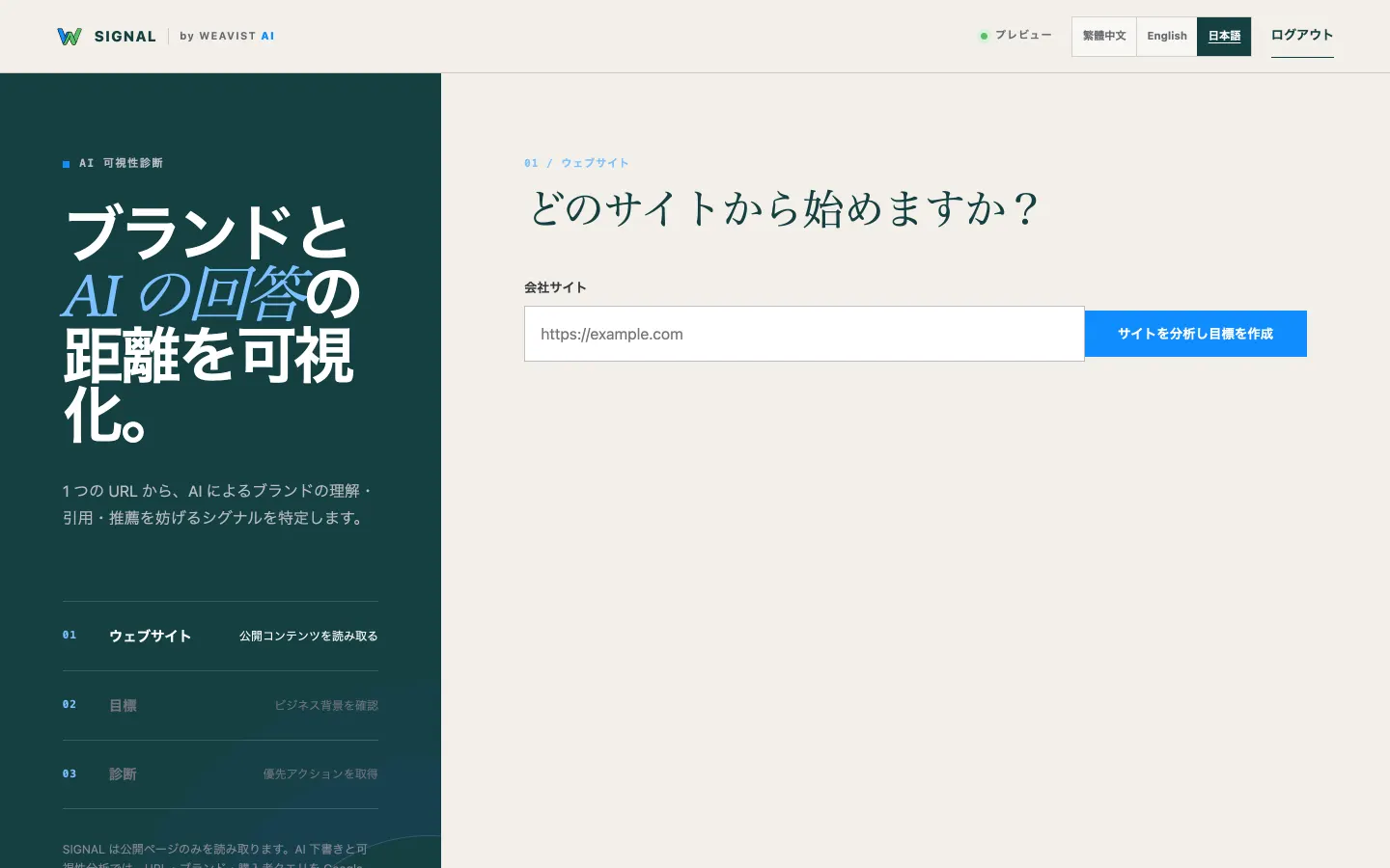 SIGNALのウェブサイト入力画面:「どのサイトから始めますか?」と会社サイト欄。