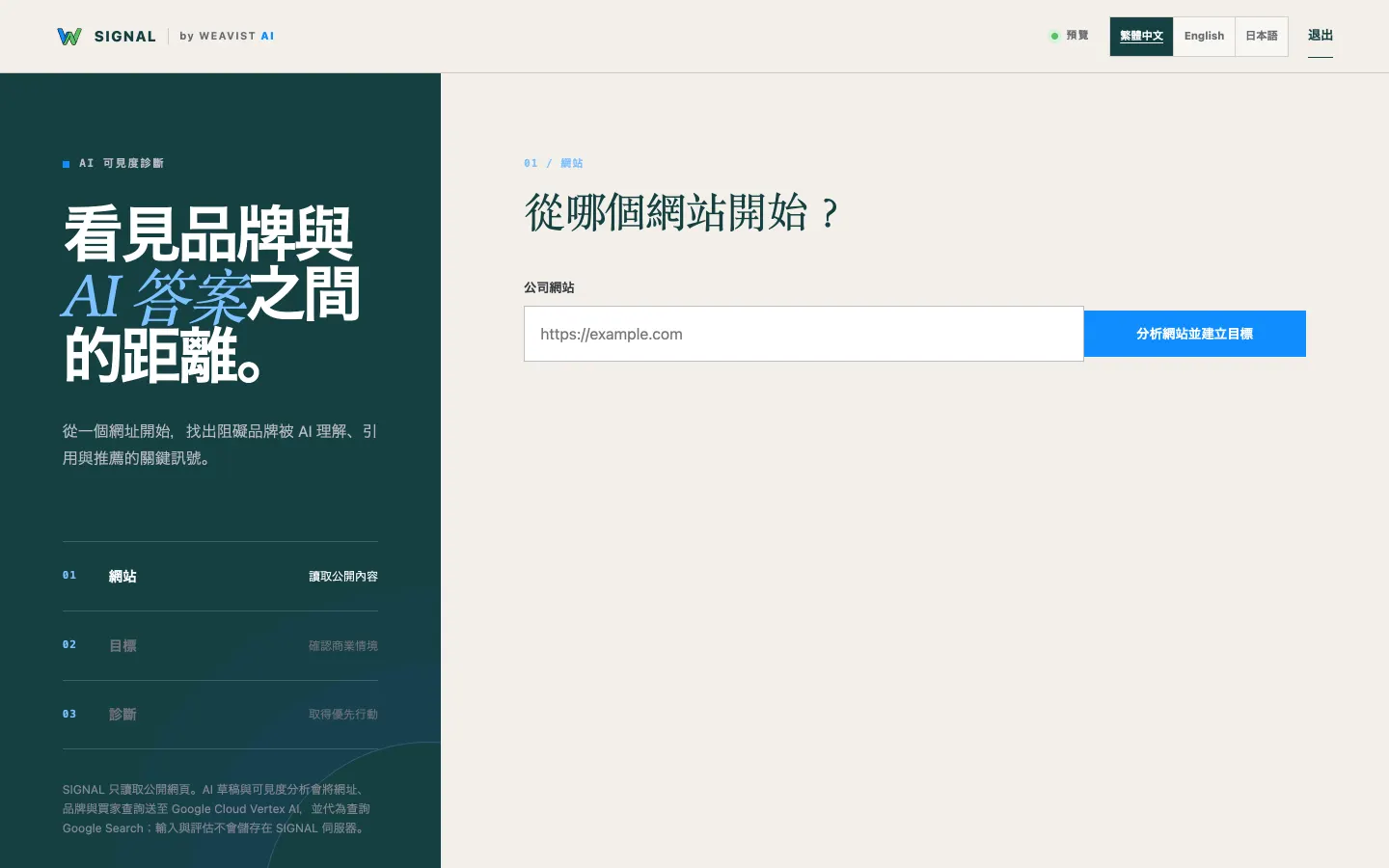 SIGNAL 網站步驟：「看見品牌與 AI 答案之間的距離。」與輸入公司網站網址的欄位。